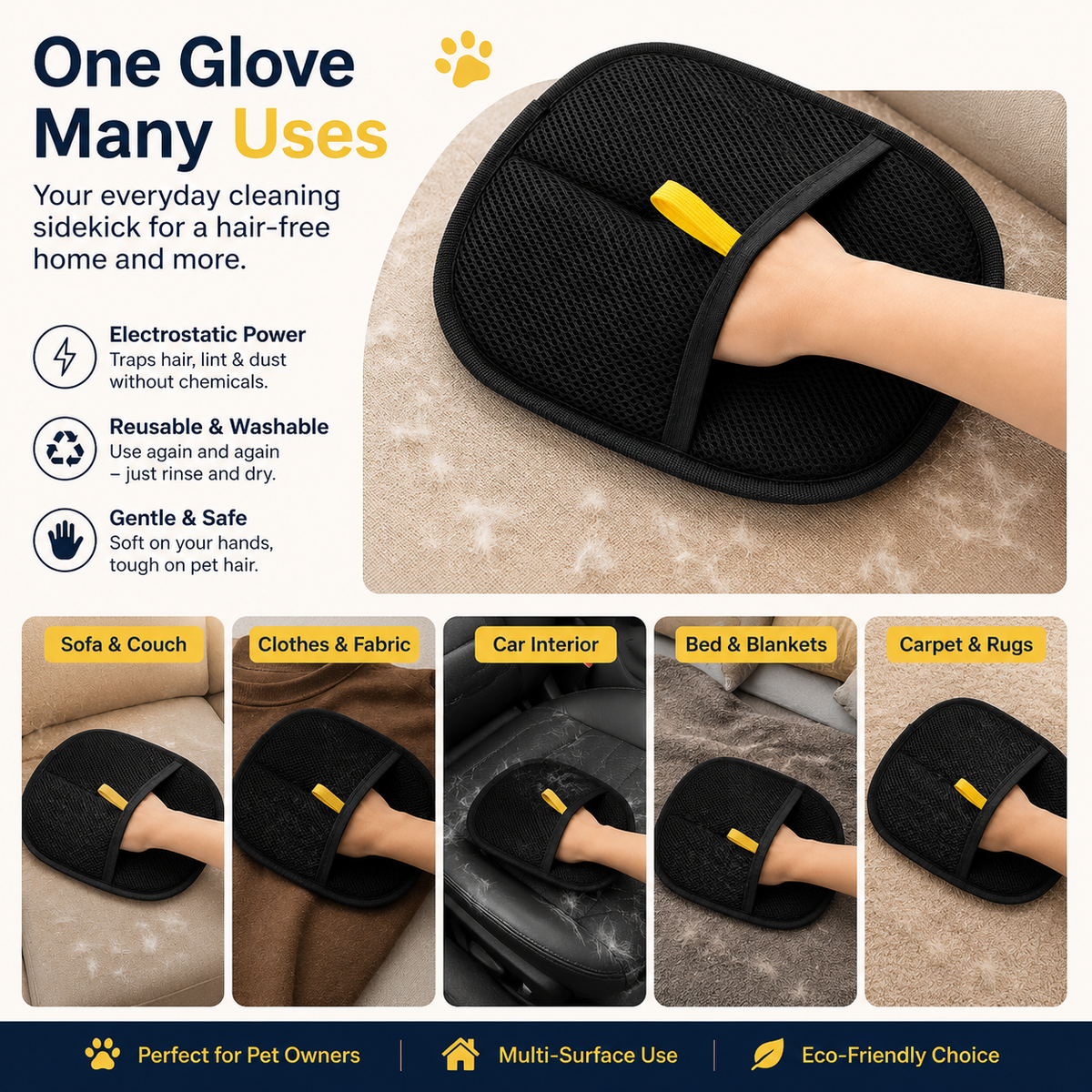 Reusable Pet Hair Remover Mitt | Washable Lint & Fur Glove